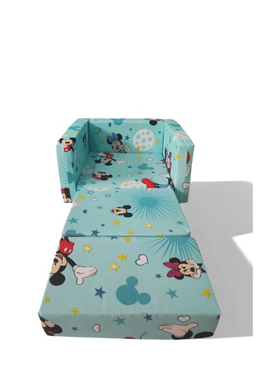 Katlanır Yer Yatağı - Çocuk Koltuğu - Bebek Yatağı 0-5 Yaş Turkuaz Fare Figürlü