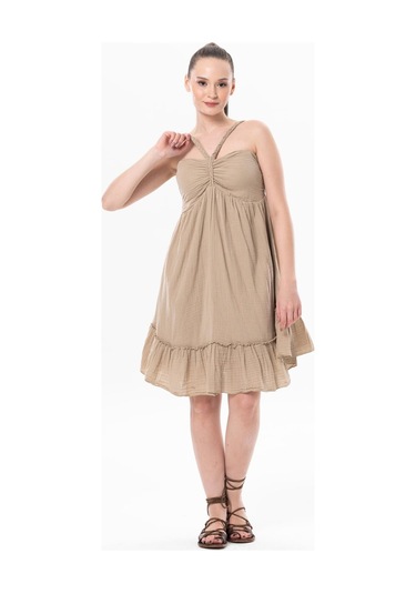 Alanya Boyundan Bağlamalı Kısa Yazlık Müslin Elbise Vizon Vzn-vizon Vizon
