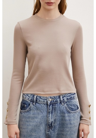 Kolu Düğmeli Bluz Vizon Vizon