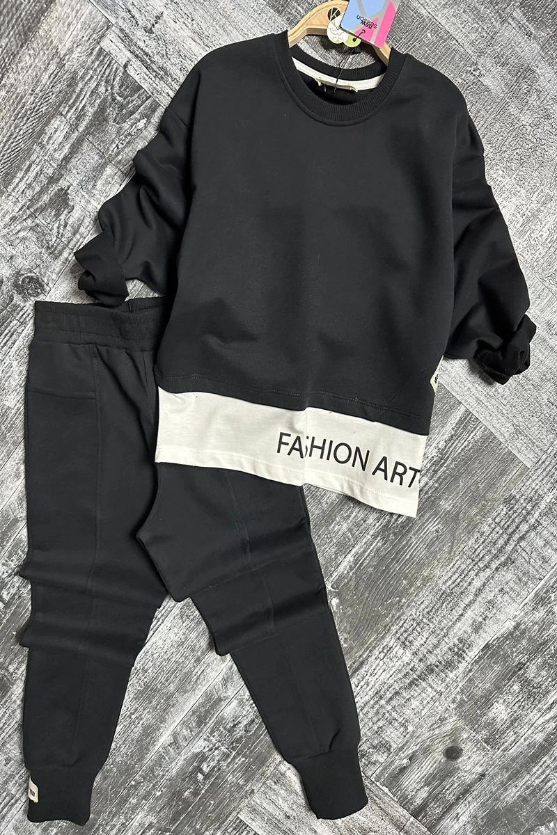 Yazı Detaylı Tarz Siyah Renk Kız Çocuk Takım Siyah