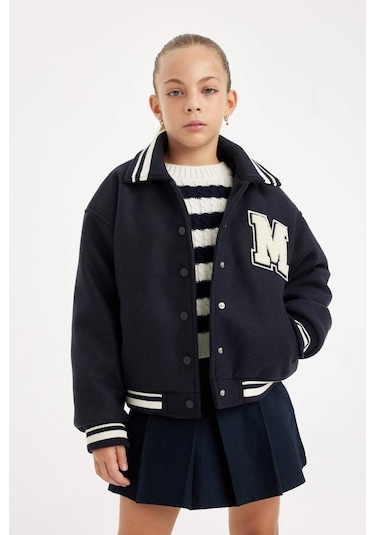 DeFacto Kız Çocuk Yazı Baskılı Çıtçıtlı Ribana Kollu Kolej Mont C5406A824AUNV256 Lacivert