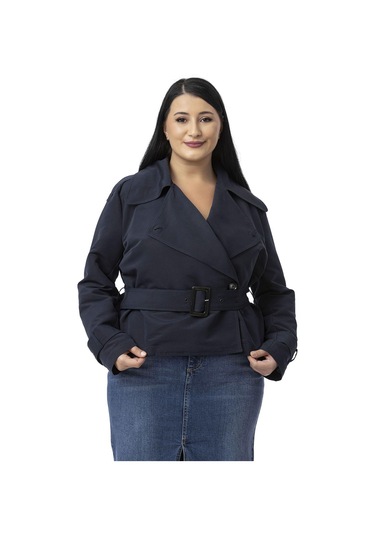 Büyük Beden Mono Yaka Kemerli Astarlı Kısa Lacivert Trençkot Lacivert