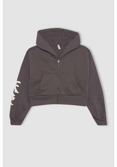 Defacto Kız Çocuk Kapüşonlu Fermuarlı Sweatshirt B9553A824SPGR311 Gri