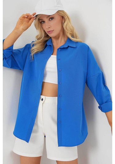 Bigdart Oversize Uzun Basic Kadın Gömlek 3900 Saks
