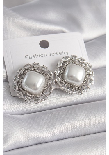 Pirinç Gümüş Renk Kare İnci Zirkon Taşlı Kadın Küpe - Tj-bkp9631 Beyaz