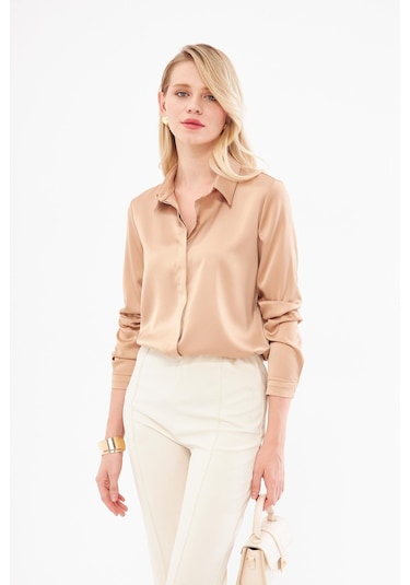 Klasik Saten Gömlek Vizon Vizon