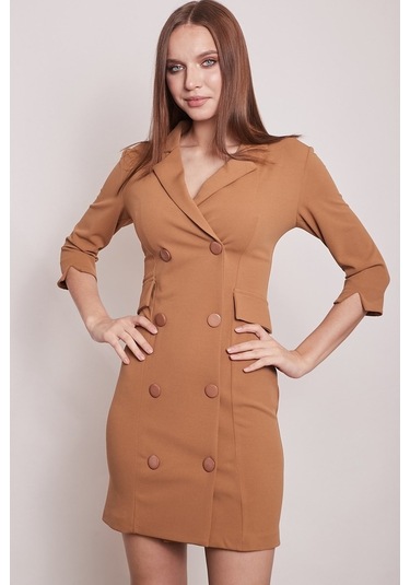 Yakalı Sırt Dekolteli Anvelop Likralı Kumaş Düğmeli Ceket Elbise (515549421)