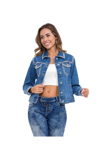 Wj213 Kadın Gümüş İşlemeli Denim Ceket 001