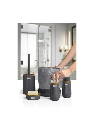 Okyanus Home Nida Antrasit Ahşap Desenli Eko 5'li Banyo Seti Antrasit