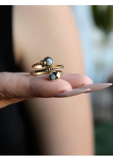 İkili 3mm Doğal Taşlı Antik Kadın Ayarlanabilir Yüzük Dendritli Opal Rutil Kuvars Taşı Euy32or Siyah