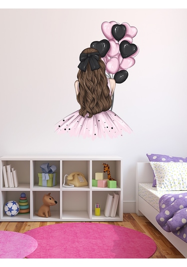 Çocuk Odası Pembe Elbiseli, Pembe Siyah Balonlu Kız Cam, Duvar Sticker