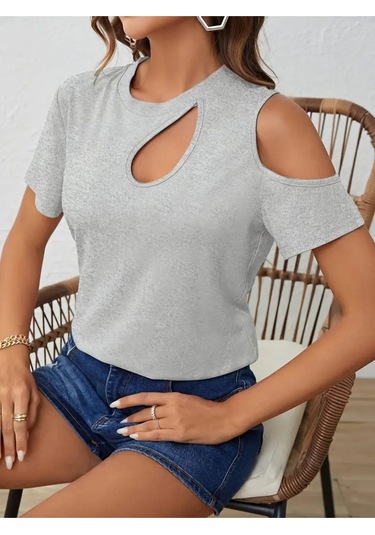 Kadın Kısa Kollu Tek Omuzu Açık Damla Detaylı Viskon Bluz Gri