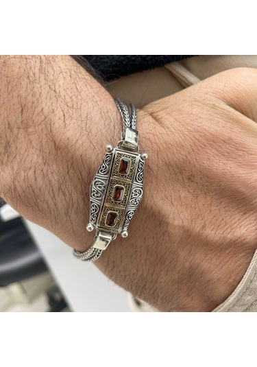 Simurg Jewellery 925 Ayar Gümüş Kırmızı Taşlı Erkek Bileklik