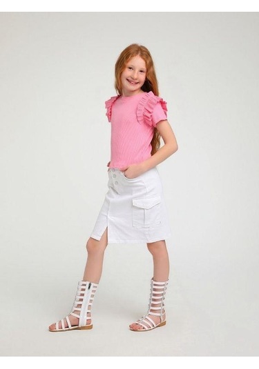 Kız Çocuk Pamuklu Bel Ayar Lastikli Dar Kot Beyaz Etek-14122 Beyaz