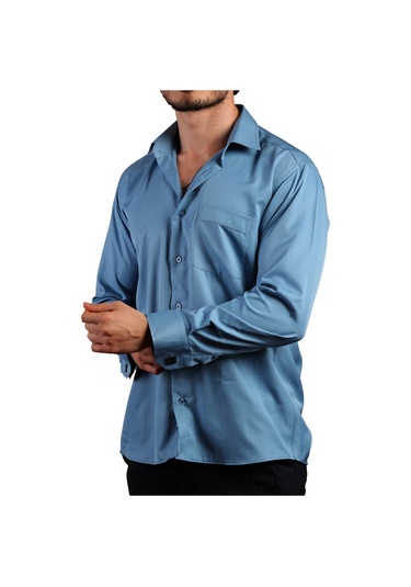 Turkuaz Mavi Büyük Beden Rahat Kesim Micro Kumaş Kol Düğmeli Regular Fit Erkek Gömlek - 190-18 001