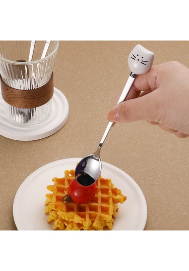Skycity Beyaz Kedi Desenli Uzun Saplı Paslanmaz Çelik Kahve Karıştırıcı Kaşık - Bal Ve Sosu İçin Dayanıklı Mutfak Gereci Diğer