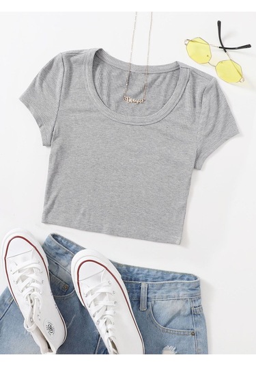 U Yaka Gri Renk Fitilli Kısa Kollu Regular Crop Top Bluz Gri