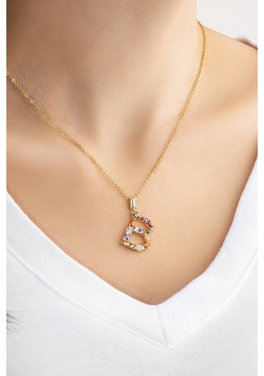 So Chic Mini B Harfi Günışığı Renkli 18 Ayar Sarı Altın Kaplama 45 CM Gümüş Kolye