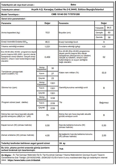 Beko CMB 10140 OG 10 KG 1400 Devir Çamaşır Makinesi