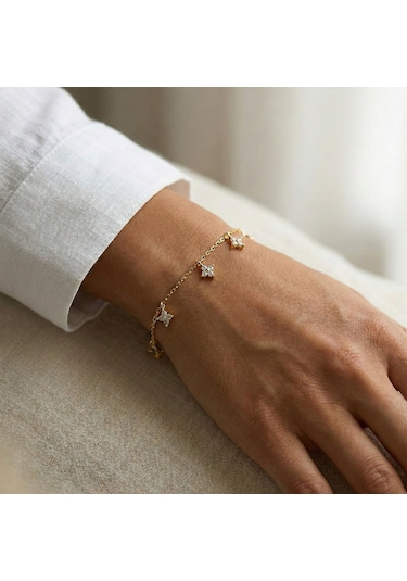 925 Ayar Gümüş Gold Minimal Çiçek Bileklik Altın