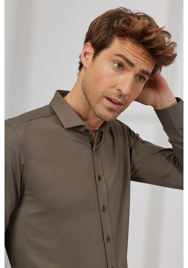 AC&Co / Altınyıldız Classics ERKEK HAKI Kolay Ütülenebilir Slim Fit Dar Kesim İtalyan Yaka Armürlü Gömlek Haki