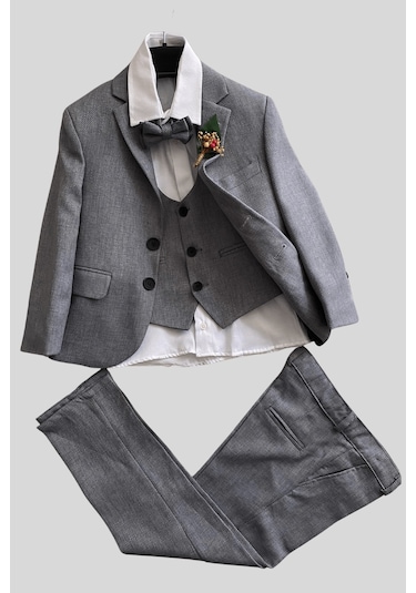 Yaka Çiçekli Yelekli Erkek Çocuk Takım Elbise Gri Gri
