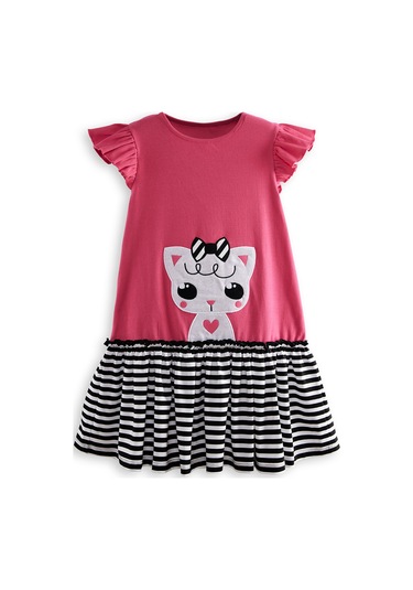 Denokids Kedicik Kız Çocuk Fuşya Yazlık Elbise Renkli Çok Renkli