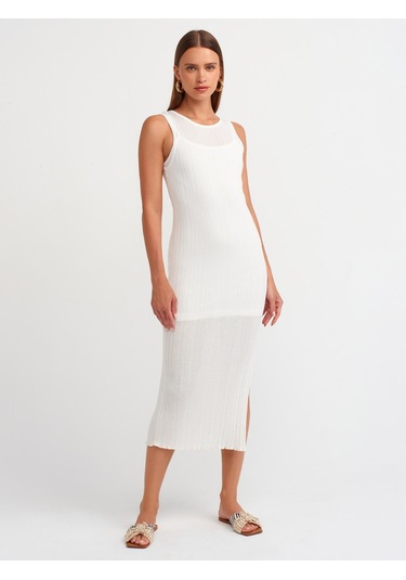 Dilvin Yırtmaç Detaylı İnce Triko Elbise Ekru
