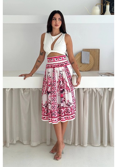 İthal Krep Kumaş Desenli Etek Pembe Mavi