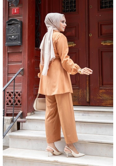 Hakim Yaka Detaylı Tesettür Camel Takım Camel