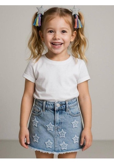 Kız Çocuk Yıldız İşlemeli Kot Etek-15823 Mavi