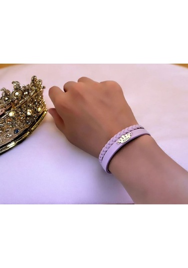 Archin Pelin İsmine Özel Taç Figürlü 14 Ayar Altın Plakalı Doğal Mor Derili Hediye Bileklik-637isim Pelin