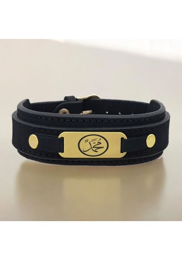 Archin Hz Muhammed Temalı 14 Ayar Altın Plakalı Doğal Siyah Derili Oval Motifli Hediye Bileklik-438sembol Hz Muhammed Sembolü