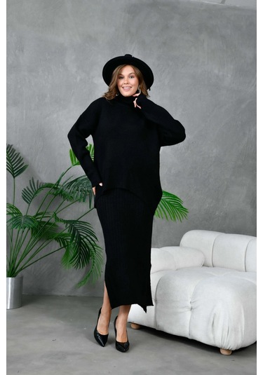 Kadın Balıkçı Yaka Oversize Kazak Uzun Etek İkili Triko Takım Siyah