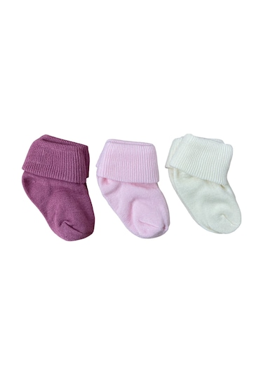 Bbs Bebe 3'lü Çorap Düz Bambu Kıvrık Mürdüm-pembe-krem