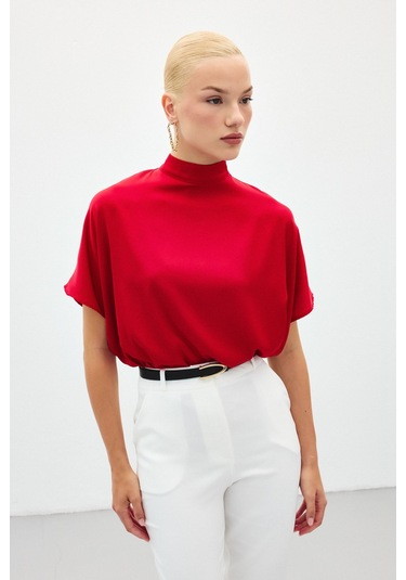 Sateen Yarasa Kol Salaş Bluz - Kırmızı-136188 Kırmızı