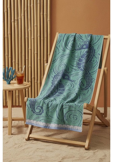 Turkuaz Yeşili Poseidon %100 Pamuklu Plaj Havlusu 70x140 Cm Mavi