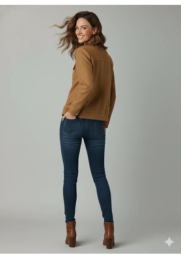 Kadın Taba Zarif Kısa Ceket Toka Detaylı Dik Yaka Cepli Süet/kaşe Baharlık Ceket Taba