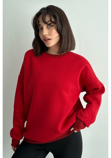 Kadın Kırmızı Bisiklet Yaka Oversize Sweatshirt Kırmızı