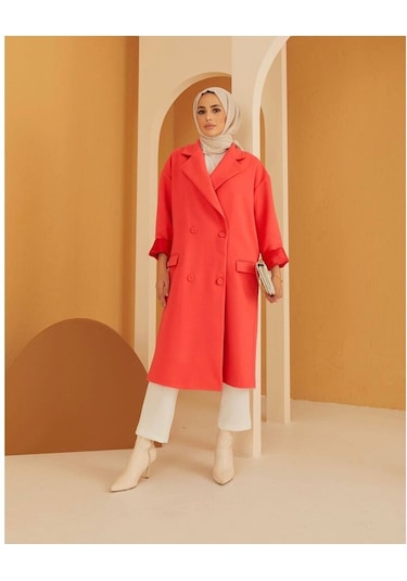 TrendMarfa Önü Düğmeli Kuşaklı Tesettür Kaşe Kaban Narçiçeği
