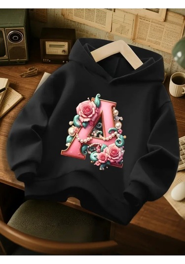 Kışlık Kapüşonlu Sweatshirt, Çocuk A Harfli Baskılı SiYAH