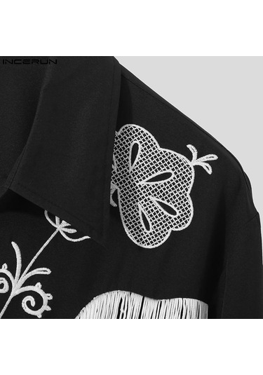 İncerun Bahar Erkek Püskül Baskılı Uzun Kol Bol Üstler Siyah