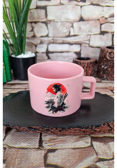 Samuray İlüstrasyon 1 Baskılı Japon Savaşçı Anime Manga Kare Kulplu Fincan Pembe Kupa Bardak Pembe