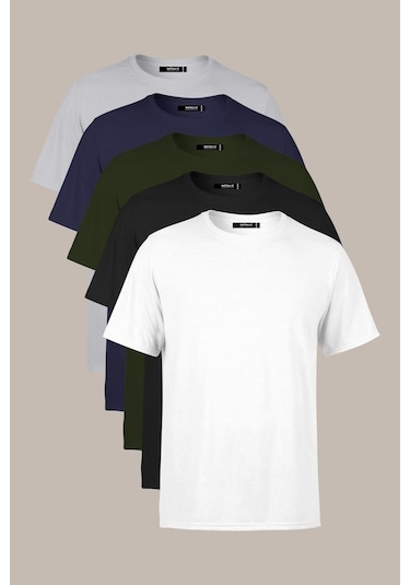 Erkek Çok Renkli %100 Pamuk T- Shirt Regular Fit Rahat Kesim Bisiklet Yaka 5'li Basic Tişört Paketi Haki