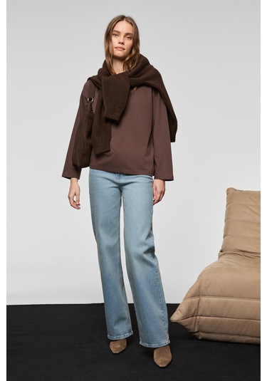 Grımelange Basıl Kadını Oversize %100 Organik Pamuk Örme Uzun Kol Koyu Kahverengi T-shirt Koyu Kahverengi