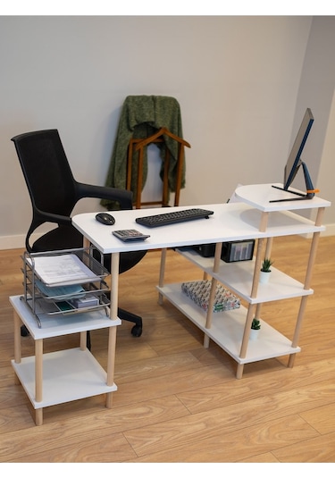 Çalışma Masası 5 Raflı Ahşap Ayaklı Dekoratif Modern Bilgisayar Ofis Masası - Beyaz - Köşe