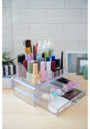 Vivart 3 Katlı Özel Tasarım Çekmece Modul Makyaj Organizer Kozmetik Kalemlik Düzenleyeci Şeffaf Beyaz