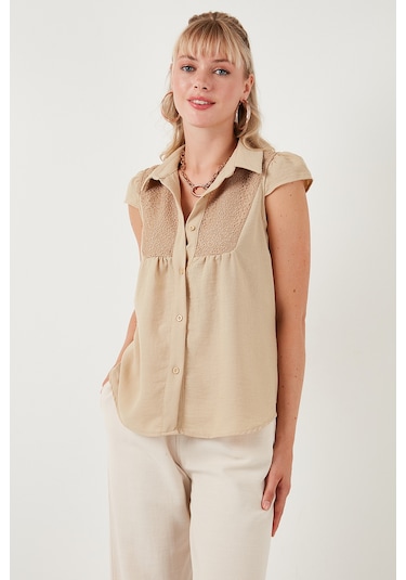 Lela Dantel Detaylı Kısa Kollu Regular Fit Bayan Gömlek 611Go0215 Taş