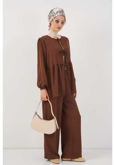 Kadın Önü Bağcıklı Tunik Pantolon İkili Takım 6744 - Kahverengi Kahverengi