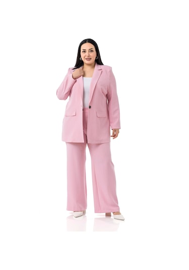 Büyük Beden Çizgili Pembe Ceket Pantolon İkili Takım Pembe